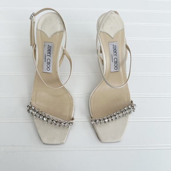 Jimmy Choo Meira 85 Heeled Sandals Off-White Latte Crystal Rhinestone Heels 38.5 - Picture 1 of 13